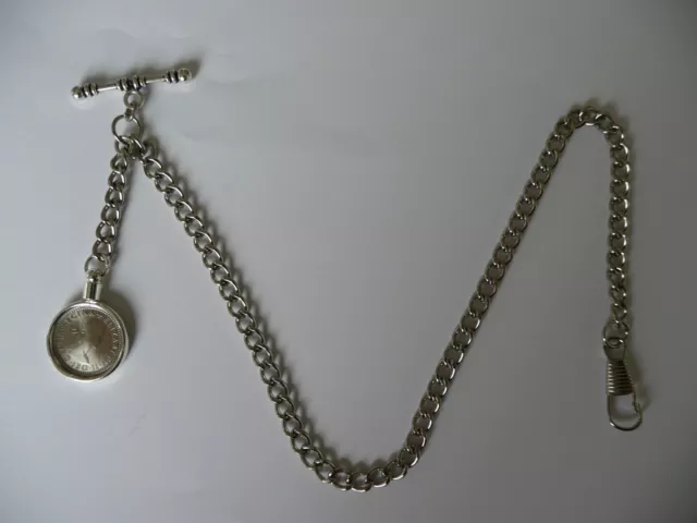 unusual single albert silver plated pocket watch chain lucky sixpence fob 6d fob