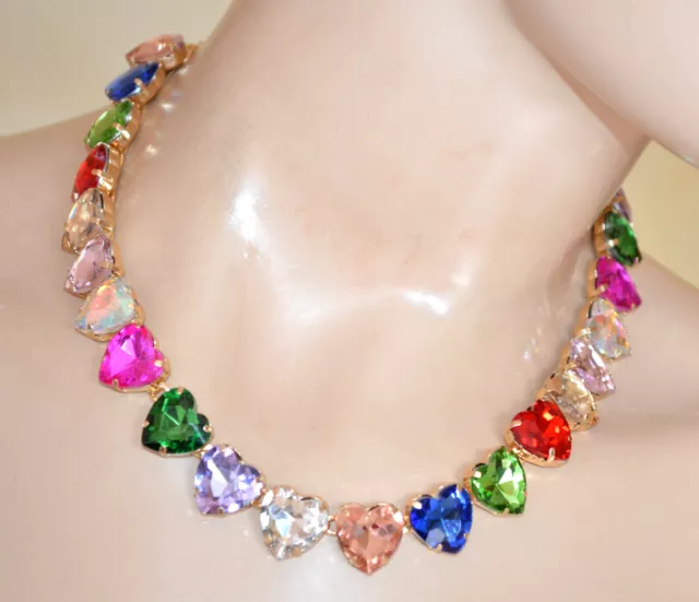 Collier femme coeurs dorés cristaux multicolores bleu rose vert ras du cou UW70