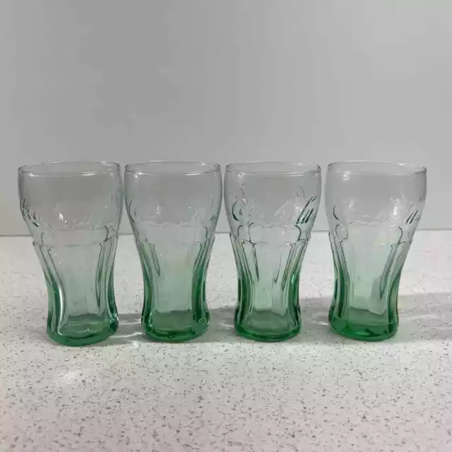 Vintage Set of 4 Coca Cola Shaped Green Tinted Small Juice Drinking Glasses 4.5"