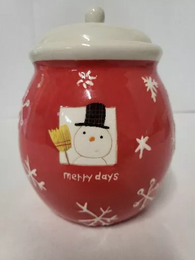 Vintage Hallmark Merry Days Ceramic Cookie Jar & Lid With Snowman & Snowflakes