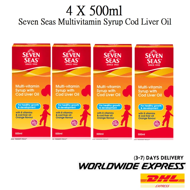 4X 500ml Seven Seas Multivitamin Syrup Cod Liver Oil Orange Flavor For Kids 4X 500ml Seven Seas Multivitamin Syrup Cod Liver Oil Orange Flavor For Kids