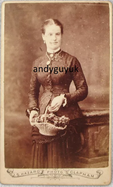 Cdv Lady Holding Flower Basket Antique Photo Hazard Clapham Victorian Fashion
