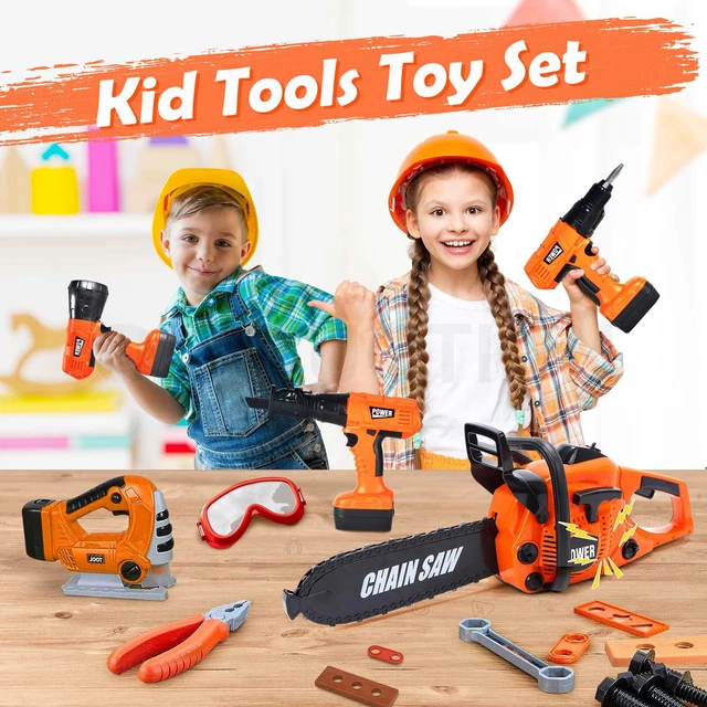 Kids Tool Set with Electric Toy Drill Chainsaw Jigsaw Toy Tools for Girl, Realistic Kids Power Construction Pretend Play Tools Set Toddler Toys