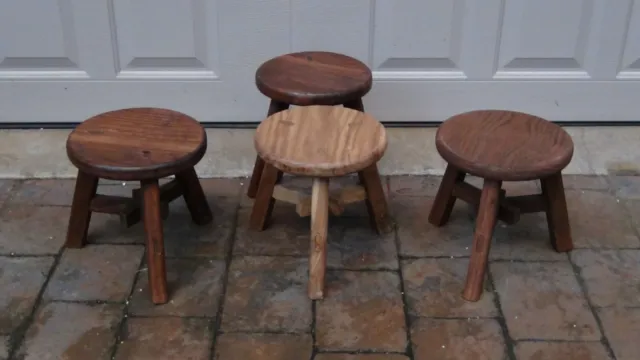 Set Of 4 Vintage Chinese Elm Wood 3 Legs Milking Stools