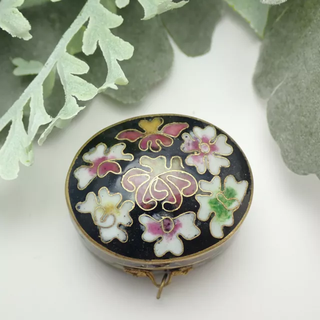 Vintage Black Lacquered Enamel Closure Floral Oval Trinket Box