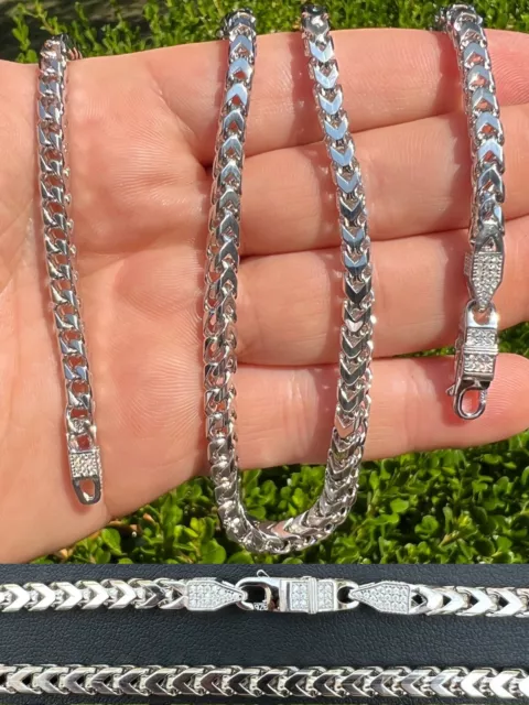 Real 5mm Franco Chain Necklace Bracelet Solid 925 Silver Iced MOISSANITE Clasp