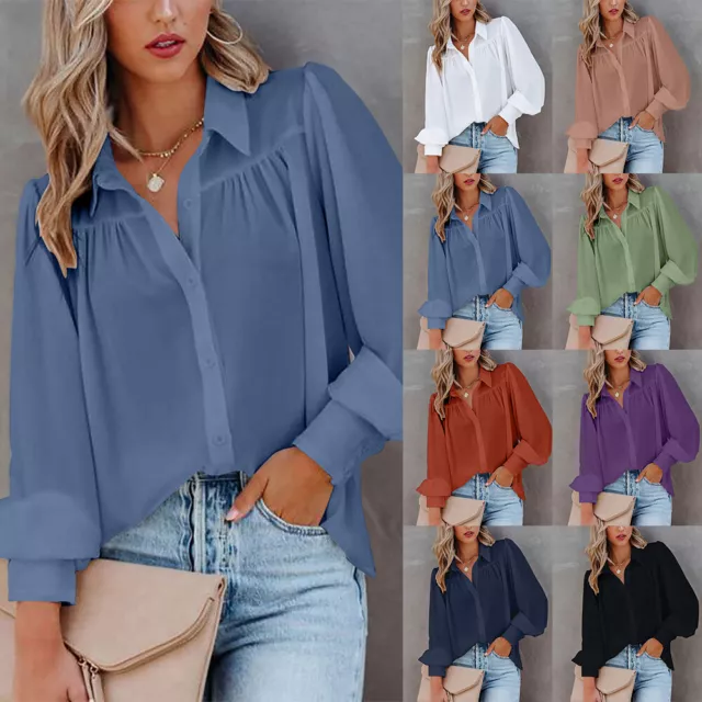 Women Button Down Shirt V Neck Tops Long Sleeve Casual Summer T-Shirt Blouse 2