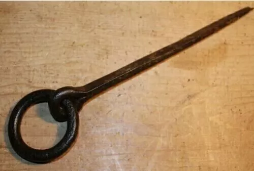 12" Antique Wrought Iron Tethering Ring on Pin Meat Beam Game Hook