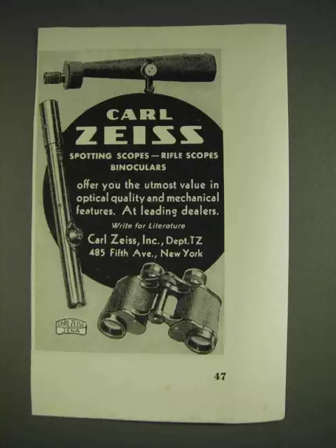 1934 Carl Zeiss Spotting Scopes, Rifle Scopes and Binoculars Ad