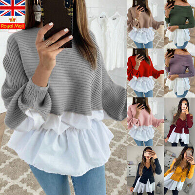 Women Knitted Casual Top Long Sleeve Loose Ruffle Frill Jumper Blouse Shirt UK