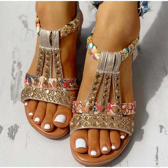 Womens Summer Boho Diamond Sandals Rome Crystal Slingbacks Platform Shoes Beach