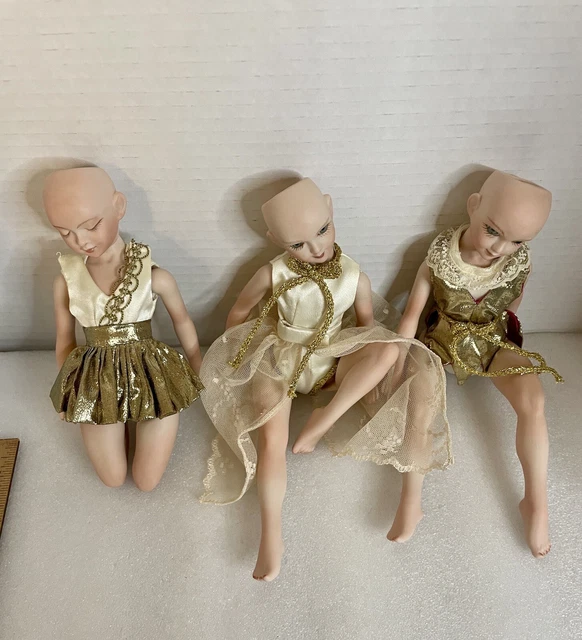Porcelain Fairy Dolls Lot 3 Paul 1989 Handmade Clothing Glass Eyes Green Vintage