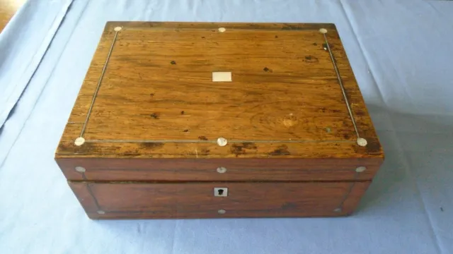 Antique Inlaid Mahogany Wood  Sewing Box & Contents Desk Top   Writing Box