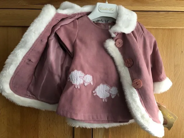 Dress Coat Hat Set Couche Tot 0-6months Spanish Pink & White Faux Fur Trim BNWT