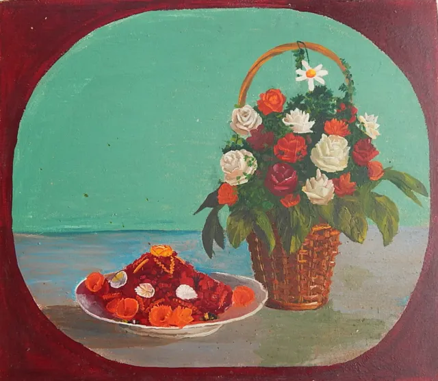 Original Oil Painting Kitchen Still Life Flowers Fruits Vintage Soviet Art 70s