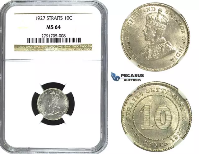 N65, Straits Settlements, George V, 10 Cents 1927, Silver, NGC MS64