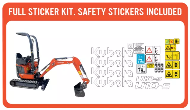 Kubota U10-5 MICRO DIGGER DECAL SET. FULL STICKER KIT WITH SAFETY DECALS