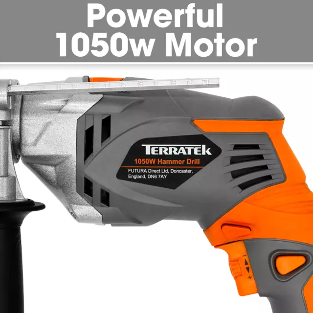 Terratek Hammer Drill 1050W Powerful Variable Speed Electric Corded Drill 240V 3