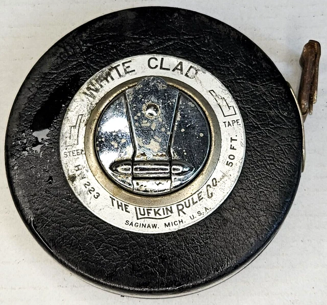 VINTAGE LUFKIN 50' Steel Tape Measure Banner White Clad HW223 Made In