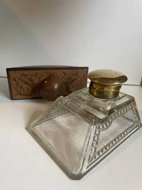 Encrier ancien En verre avec buvard ancien/Inkwell with antique blotting paper