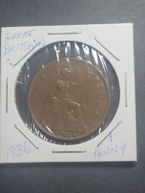 1936 UK Great Britain British One 1 Penny George V Coin Vintage Collectible