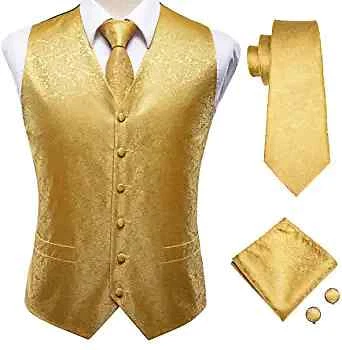 Hi-Tie Mens 4pc Waistcoat Vest Necktie Pocket Square Cufflinks Set For Suit or