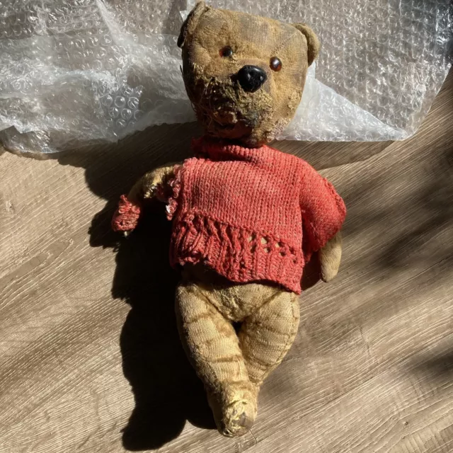 Antique Teddy Bear Straw Filled Mohair c1930s 13" Tall Jointed Legs W/ Jumper