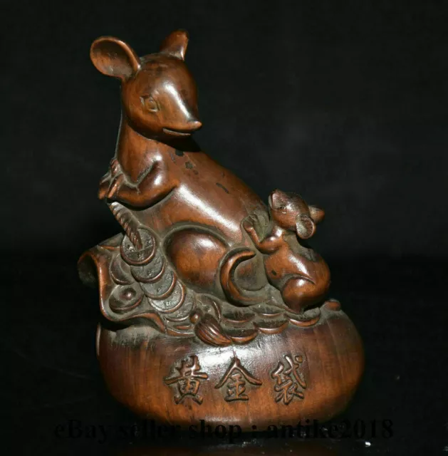 3.6" Rare Old Chinese Boxwood Hand Carving Feng Shui Mouse Rat Wealth Statue