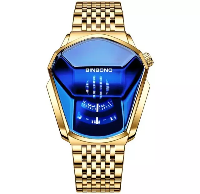 Unique Mens Quartz Watch. Waterproof. Multi Functional. Gold Strap. Blue Face.