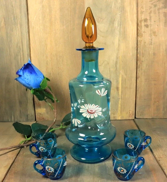 Ancienne Carafe Pichet Verre Bleu Émaillé Georges Sand Portieux et 4 Chopes
