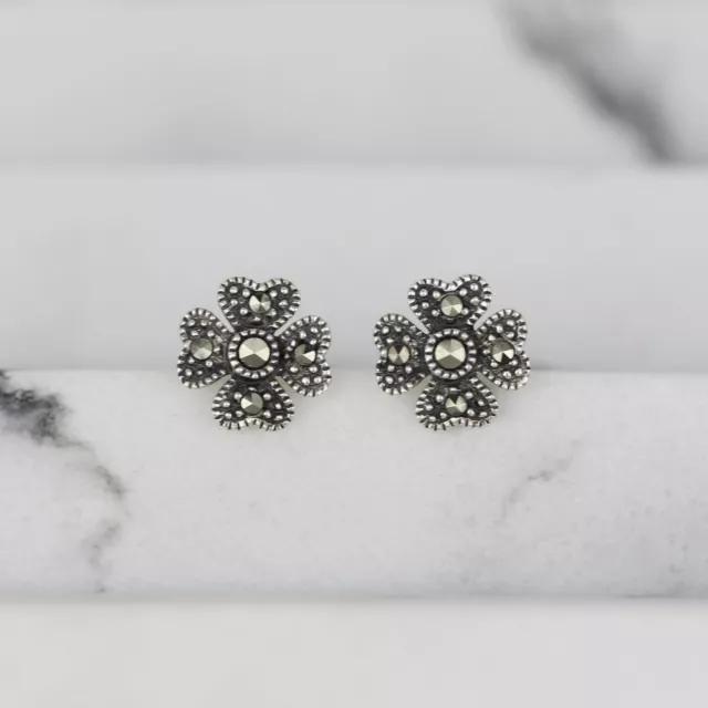 Genuine Sterling Silver 925 Marcasite 10mm 4 Leaf Clover Stud Earrings Hallmark