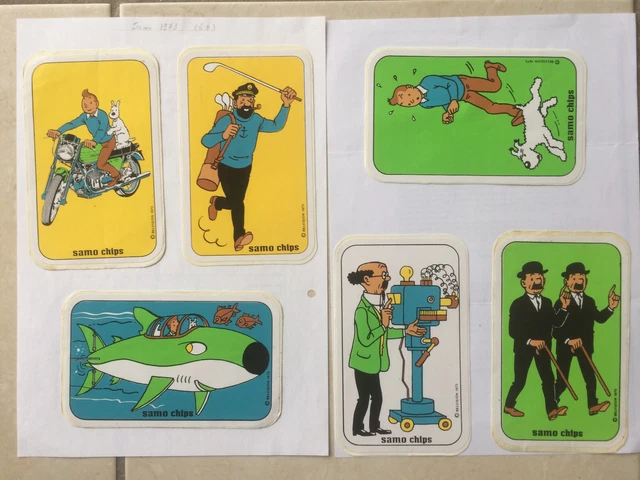 Tintin - kuifje - 6 autocollants chips Samo lac aux requins - Belvision 1973