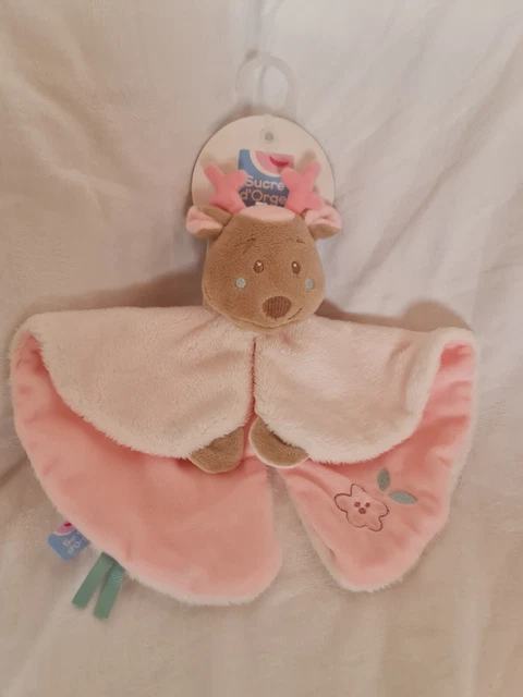 Doudou Sucre D'orge Renne Cerf Plat Blanc rose neuf sans étiquette