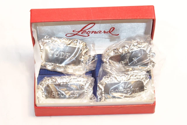 Vintage Leonard Silver Plated Bottle Tags Set of 4 #LAR