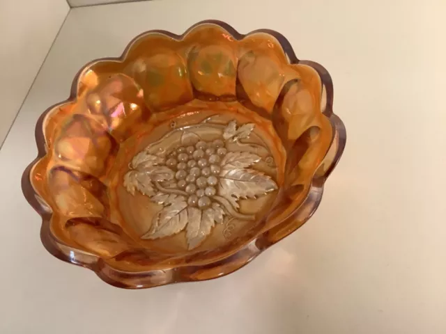 Beautiful Iridescent Marigold Grape And leaf Fenton Fluted Carnival Glass Bowl.