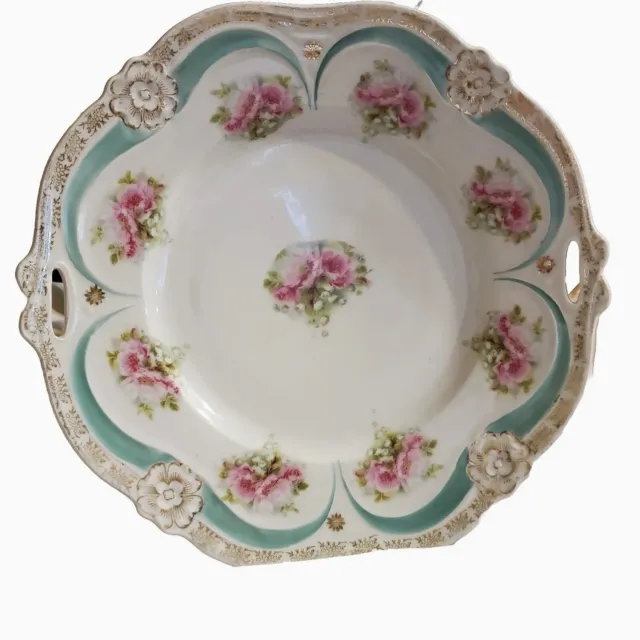 Vintage Porcelain Handled Cake Plate Pink Roses Gold Trim Collector Gift Decor