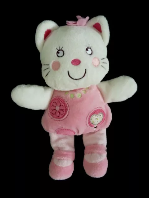 T1- DOUDOU PELUCHE NICOTOY CHAT ROSE BLANC ROND COEUR FLEURS 22cm - ETAT NEUF*