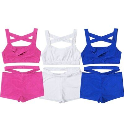 Kids Girls Ballet Dance Outfits Strappy Cross Front Crop Tops with Booty Shorts