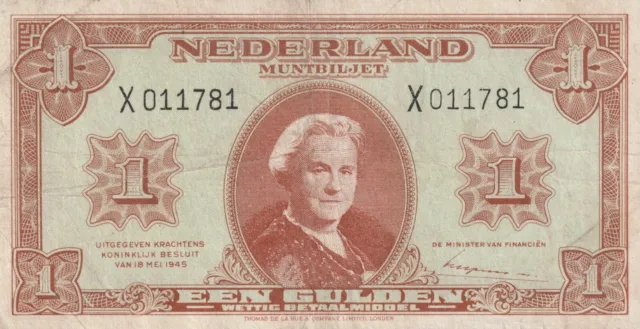 Netherlands 1945 1 Gulden Circulated Banknote Pick 70 Bargain Bin X low serial #