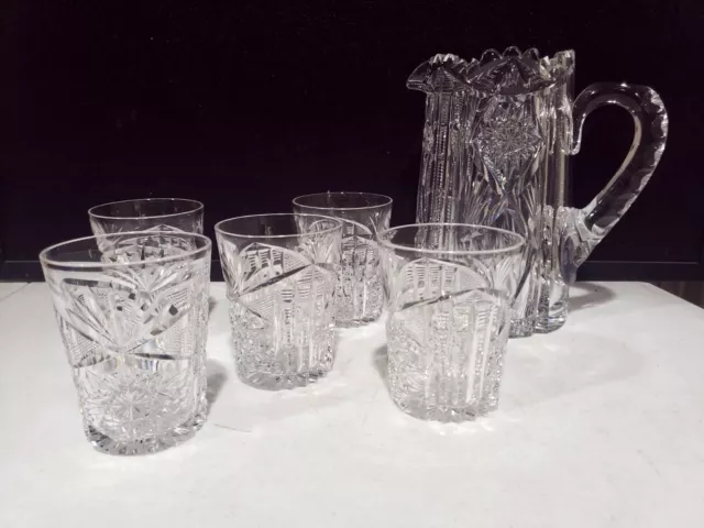 ABP Antique LIBBEY Cut Glass Pitcher Set w/5 Tumbler Glasses Fan Bar Pattern