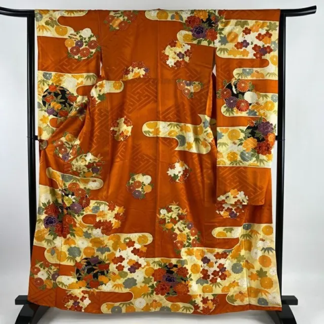 Japanese Kimono Furisode Pure Silk Gold Thread Gold Paint Orange Color