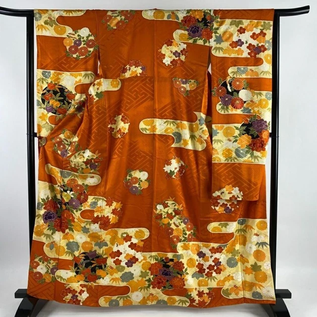 Japanese Kimono Furisode Pure Silk Gold Thread Gold Paint Orange Color