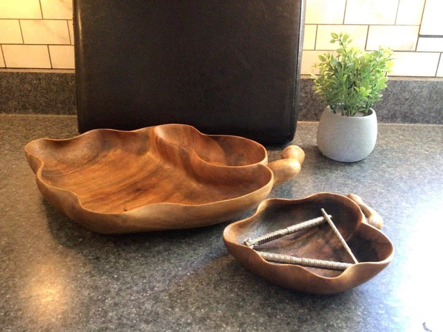 Vintage Monkey Pod Wooden Serving Tray, Matching Bowl and nut cracker set