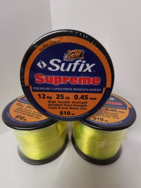 3 X BULK spools of sufix supreme sea fishing line mono 25lbs 12kg