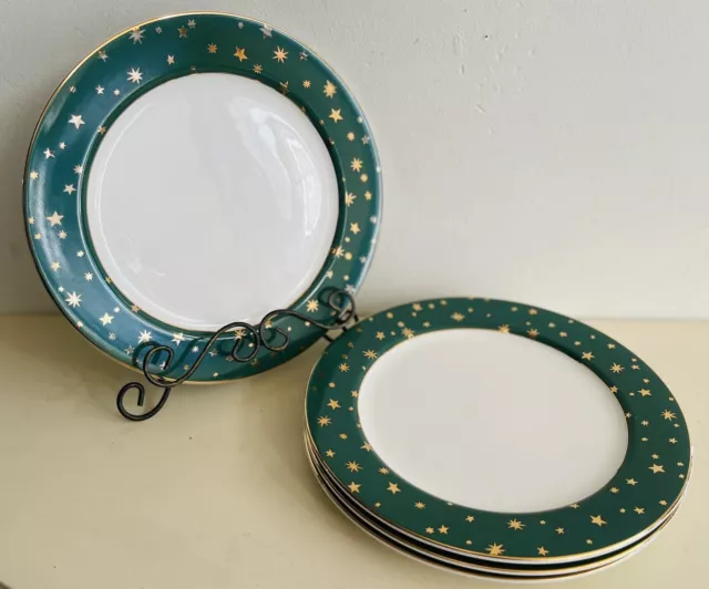 Set of 4 SAKURA GALAXY GREEN w/ 14K GOLD STARS 10-3/4" DINNER PLATES