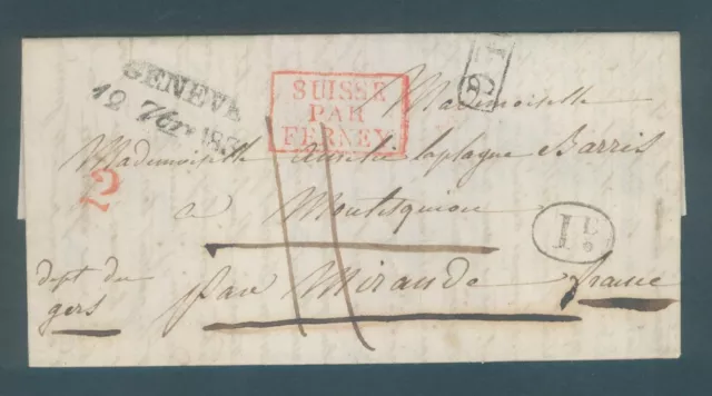 Lettre/pli de GENEVE Suisse 1836 - pour Mirande Gers 1836 - SUISSE par FERNEY