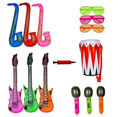 Juego de accesorios de fiesta inflables estrella de rock - 3 guitarras inflables, 3 micrófonos, 3