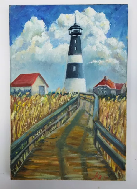 Original Oil Painting of a Majestic Lighthouse by the Sea