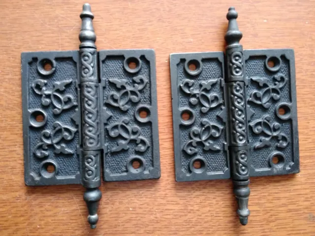 Two Victorian Antique Iron Ornate Steeple-Tipped Door Hinges 4" X 4" c1885