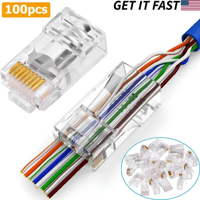 100 Pcs CAT6 RJ45 Pass Through Network Cable Modular Plug Connector Open End